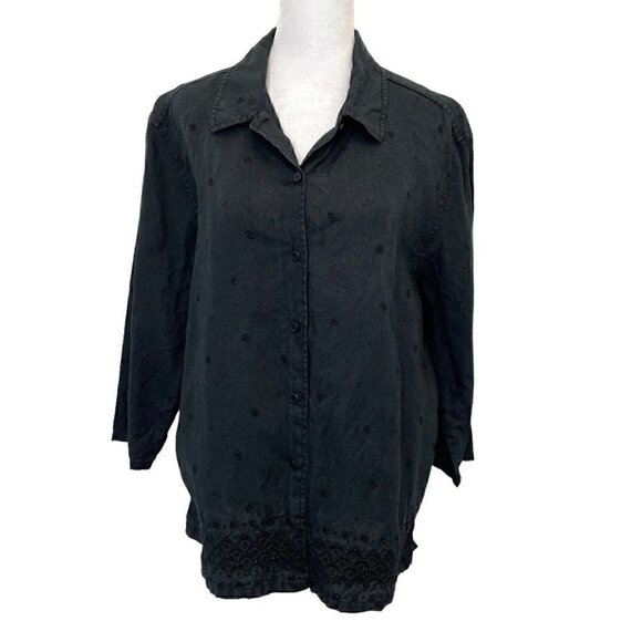 Talbots 100% Irish Linen Embroidered Lace Button Front Shirt Black size Large - Picture 1 of 6
